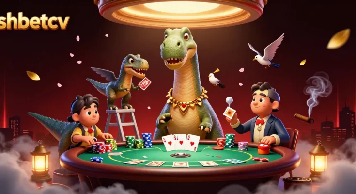 Experience thrilling gameplay at shbetcv featuring a giant brontosaurus and raptor dealer in a vibrant casino scene.