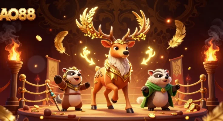 Engage with thrilling games at AO88 through a vibrant illustration of charismatic characters and rich casino elements.