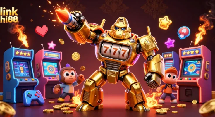 Win big with link hi88 at the vibrant casino-themed art showcasing a gorilla mech and arcade games.