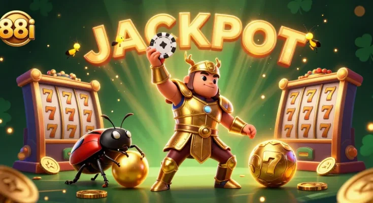 Experience the excitement of 88i with a victorious beetle lifting a poker chip amidst dazzling casino elements.