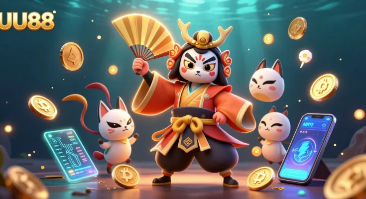 Experience the vibrant world of UU88 with dynamic 3D art showcasing crypto elements and traditional characters.