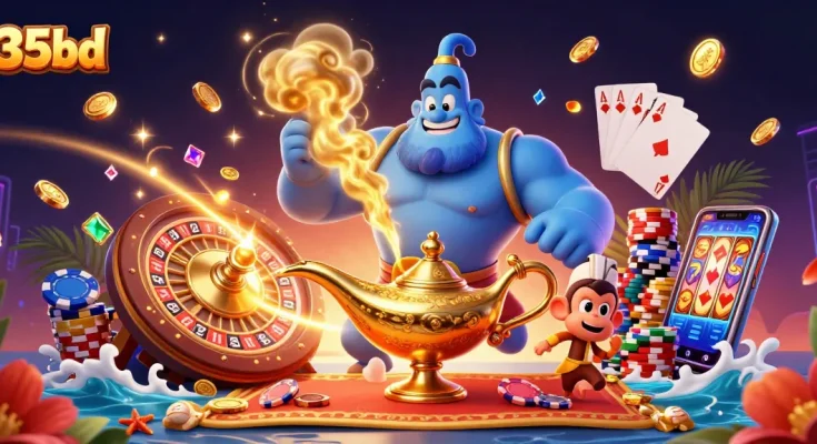 Experience the excitement of 35bd casino with a stunning 3D illustration of a genie and poker elements.