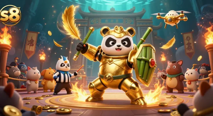 Experience thrilling gameplay at s8 with a mech-suit golden panda in an exciting casino arena.
