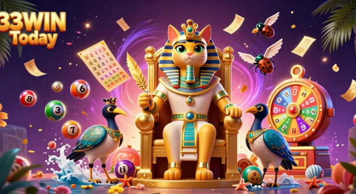 Engage with 33WIN Today in a colorful dynamic gambling scene of lottery excitement with a pharaoh cat and ibis scribe.