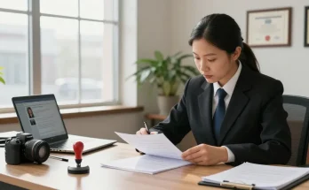 Notary in Brampton reviewing legal documents in a professional office