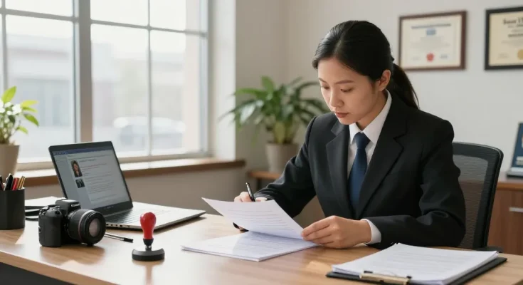 Notary in Brampton reviewing legal documents in a professional office
