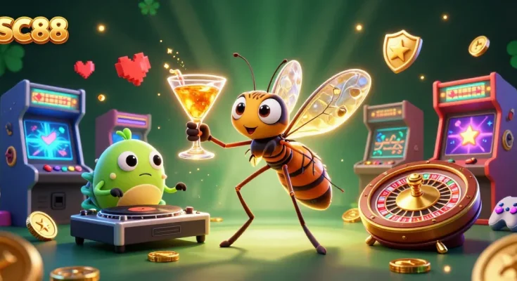 Engage with SC88's dynamic casino experience featuring a frozen mosquito mascot and trilobite DJ in vibrant atmosphere.