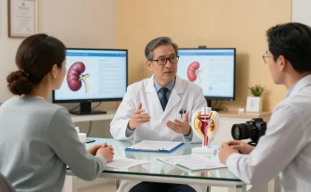 Urology consultation with doctor and patient discussing treatment options in a modern clinic.