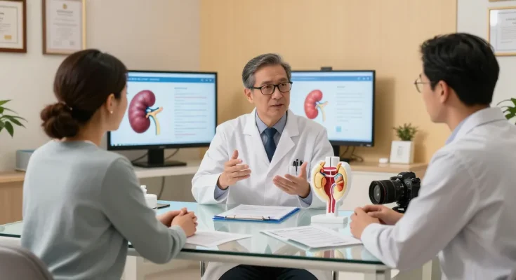 Urology consultation with doctor and patient discussing treatment options in a modern clinic.