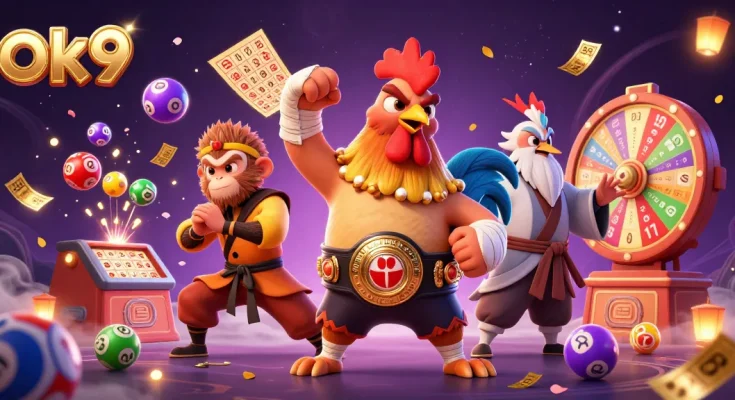 Engage with immersive gaming at ok9 featuring colorful lottery balls and dynamic casino characters.