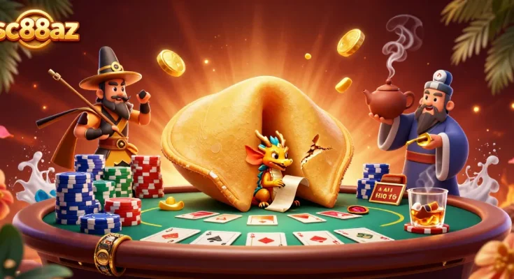 Engage with sc88az's vibrant casino scene featuring a golden fortune cookie and poker elements for thrilling gameplay.
