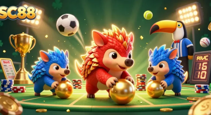 SC88 pangolins face off in a thrilling casino showdown amid poker chips and sports elements.