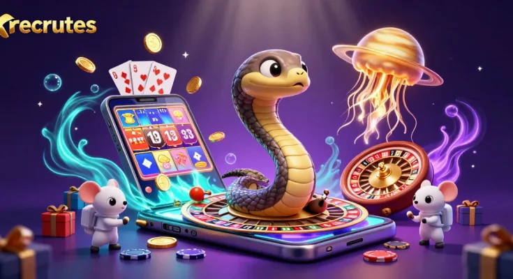 Engage in thrilling cosmic betting adventures with recrutes at the 3D casino scene.