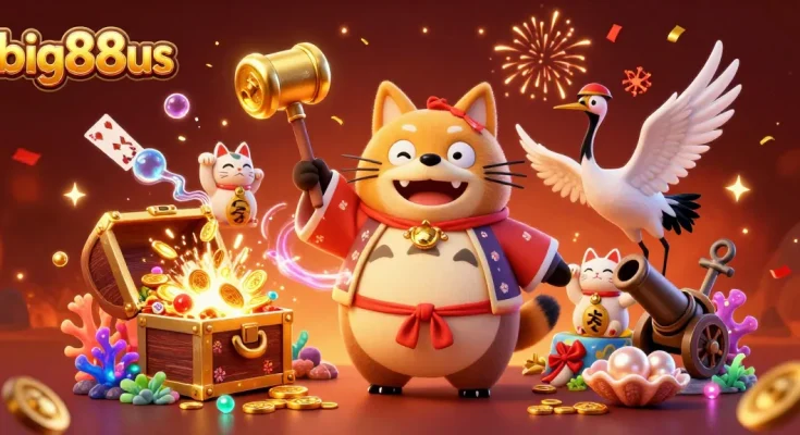Experience thrilling fun with big88us featuring a tanuki holding a golden mallet and lively cats, embodying casino excitement.