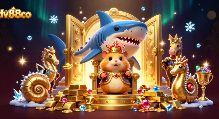 Spin to win at dv88co with a fierce hamster king atop a megalodon throne amidst treasures.