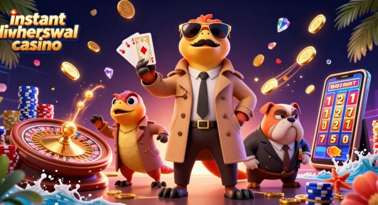 Engage with instant withdrawal casino as three raptors creatively enter a VIP lounge, amidst vibrant casino elements.