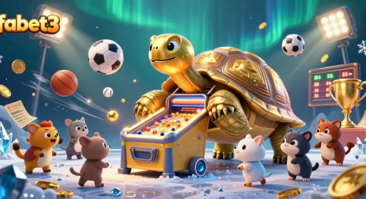 Engage with fabet3's vibrant online casino experience filled with golden tortoises and sports elements.