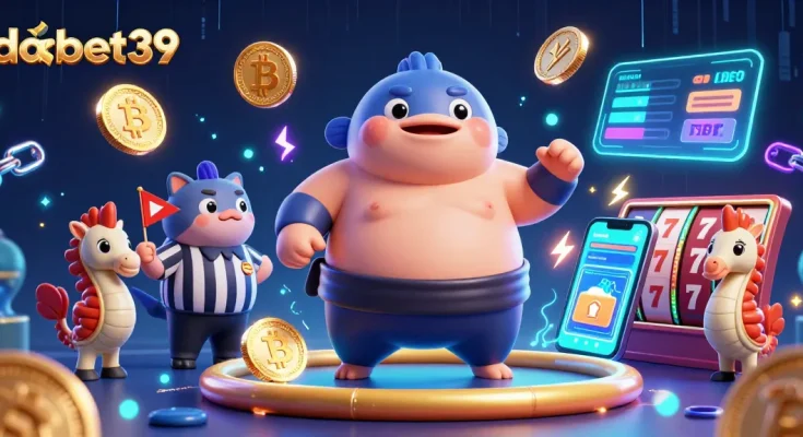 Experience the fun of dabet39 with vibrant slot elements and energetic characters in a casino-themed underwater scene.