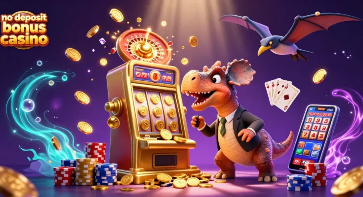 A 3D scene of a no deposit bonus casino with a dinosaur, jackpot machine, and coins flying around.